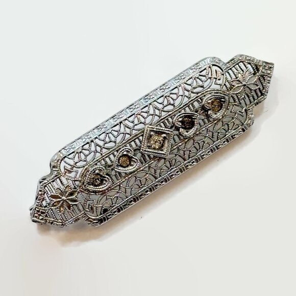 Filigree Brooch, Art Deco, Rhodium Plated, Edwardian, 20s, 30s, Silver, Antique - Picture 3 of 4